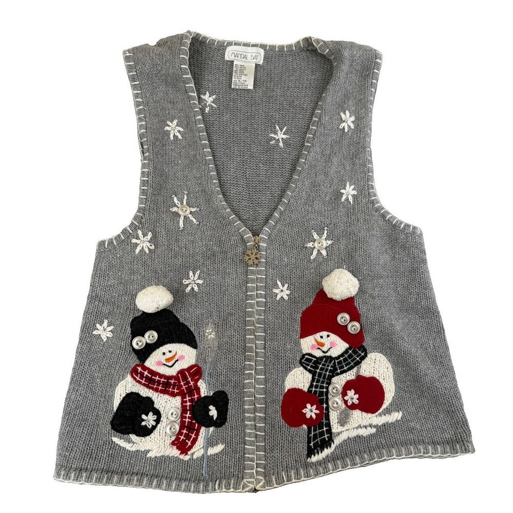 Mandal Bay Christmas Sweater Vest Womens XL Snowman 3D Applique Zip Holiday